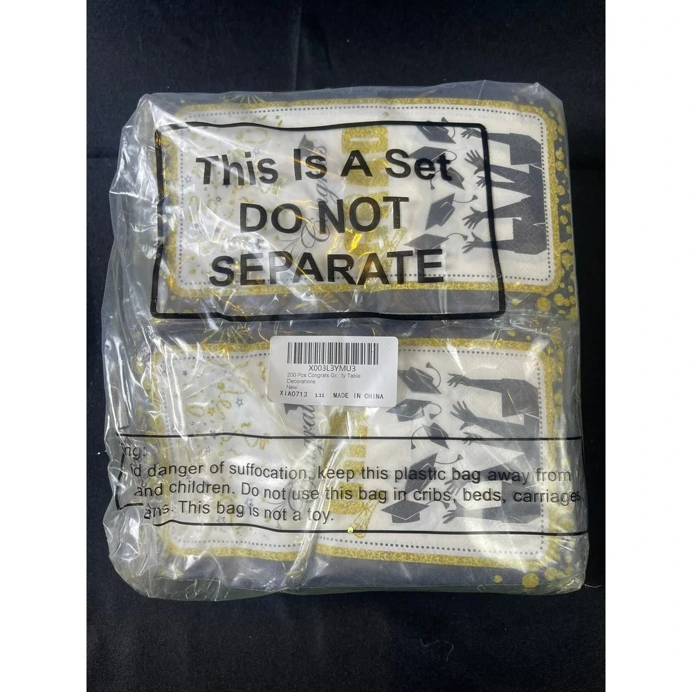 200 Pcs Congrats Grad Graduation Party Napkins Black Gold‎ White Table Decor Set